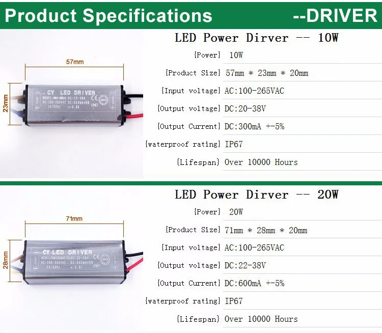Светодиодный драйвер Трансформатор Питание мощностью 10 Вт, 20 Вт, 30 Вт, 50 Вт 70 Вт AC 100-265V DC/DC 20-38V IP67 Водонепроницаемый Светодиодный драйвер для Светодиодный S потолочные светильник