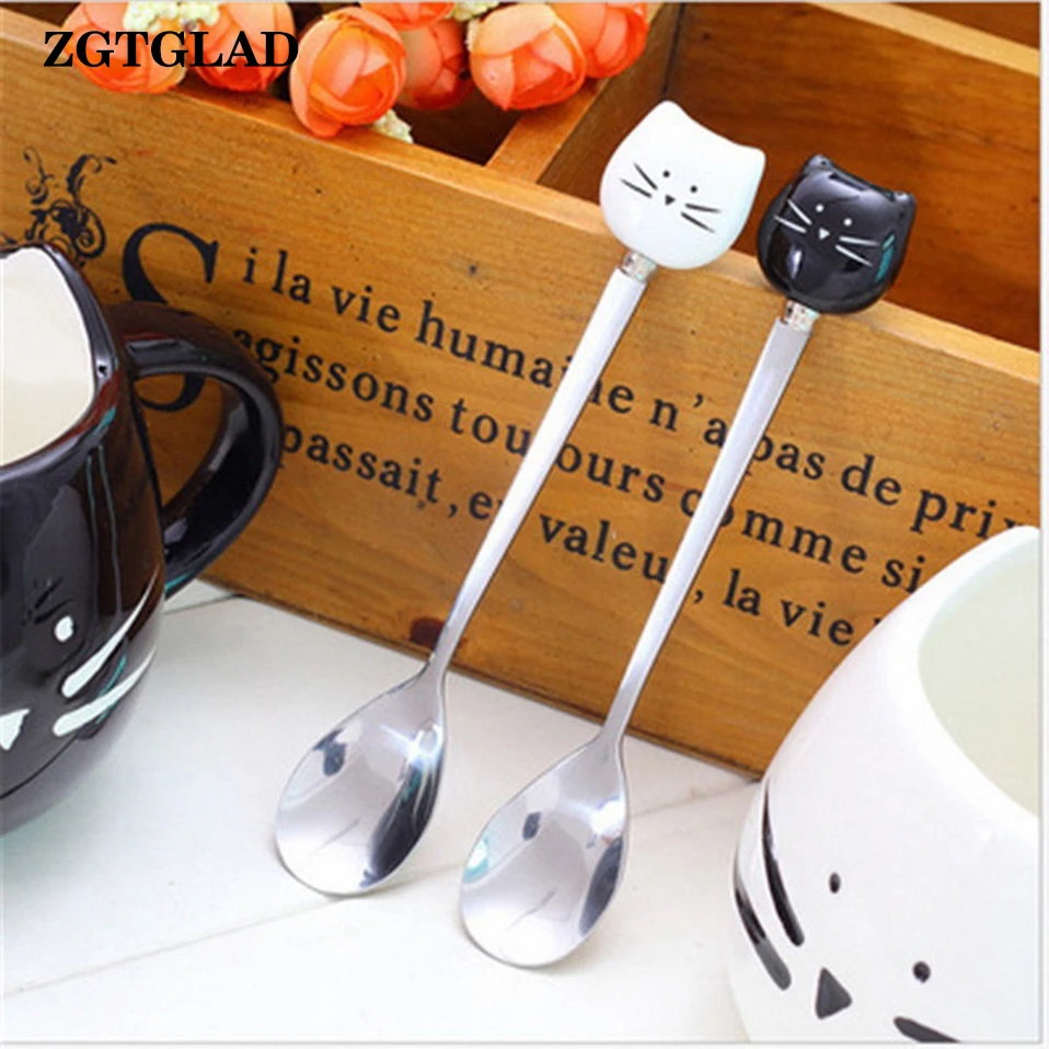 

Cartoon Cat Stainless Steel Long Stirring Spoon Fruit Fork Coffee Stainless Steel Spoon with Ceramic Cute Cat Handle
