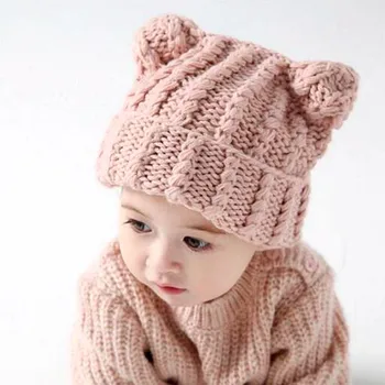 

Baby hats 2017 new children's twist ear hand wool knit hat Europe and the United States hot outdoor warm ear protection hat