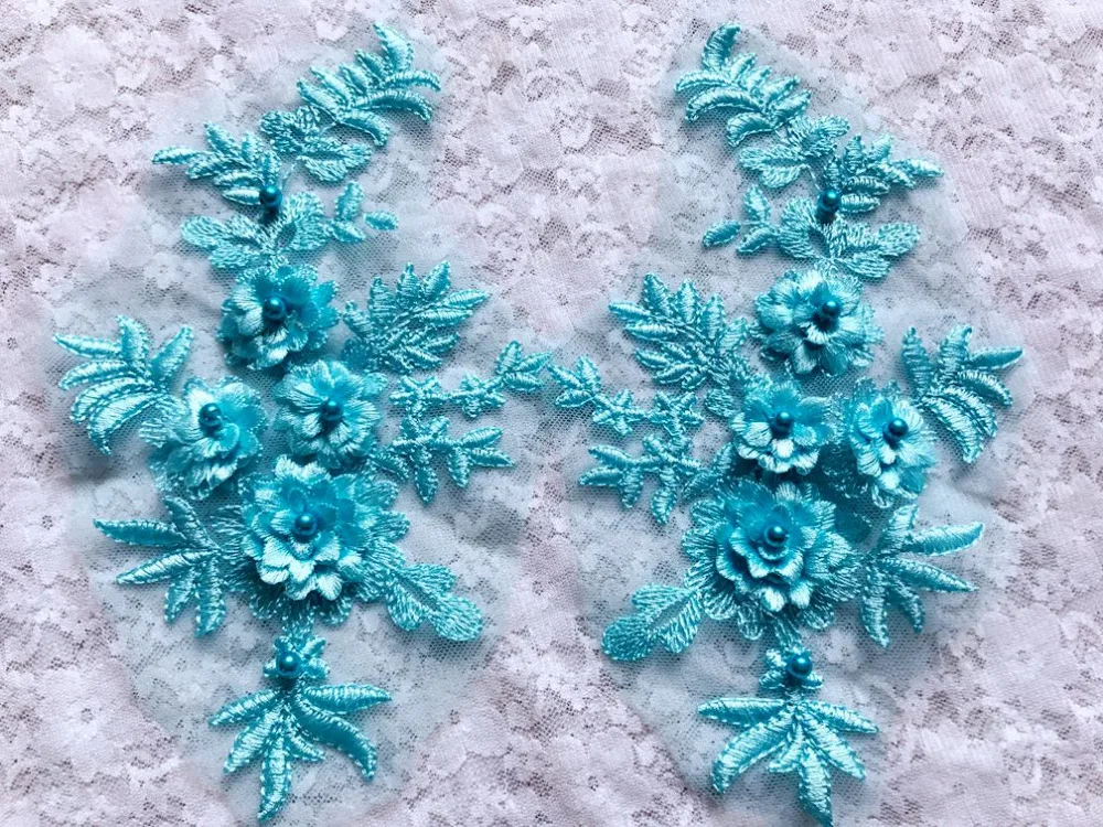 Light blue sew on stereo embroidery flowers patches water soluble