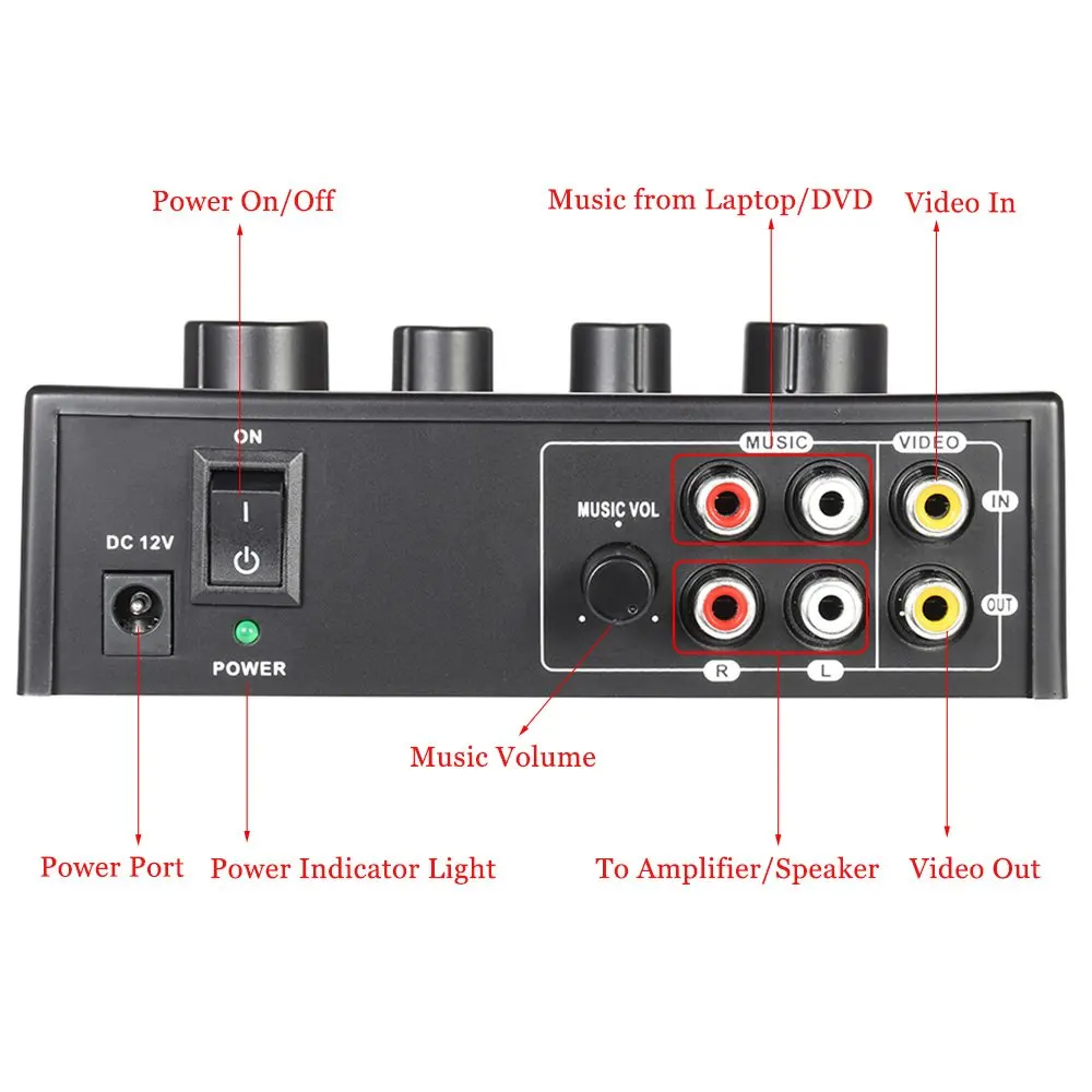 Portable Sound Audio Stereo Echo Mixer Dual Microphone Inputs With RCA Cable Power Adapter for TV PC Smartphone Outdoorfree BLAC
