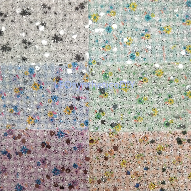 

90X134CM Flowers Printed Glitter Fabric, Cuero Sintetico Glitter Leather For Making Bows Accessories LEOsyntheticoDIY P591