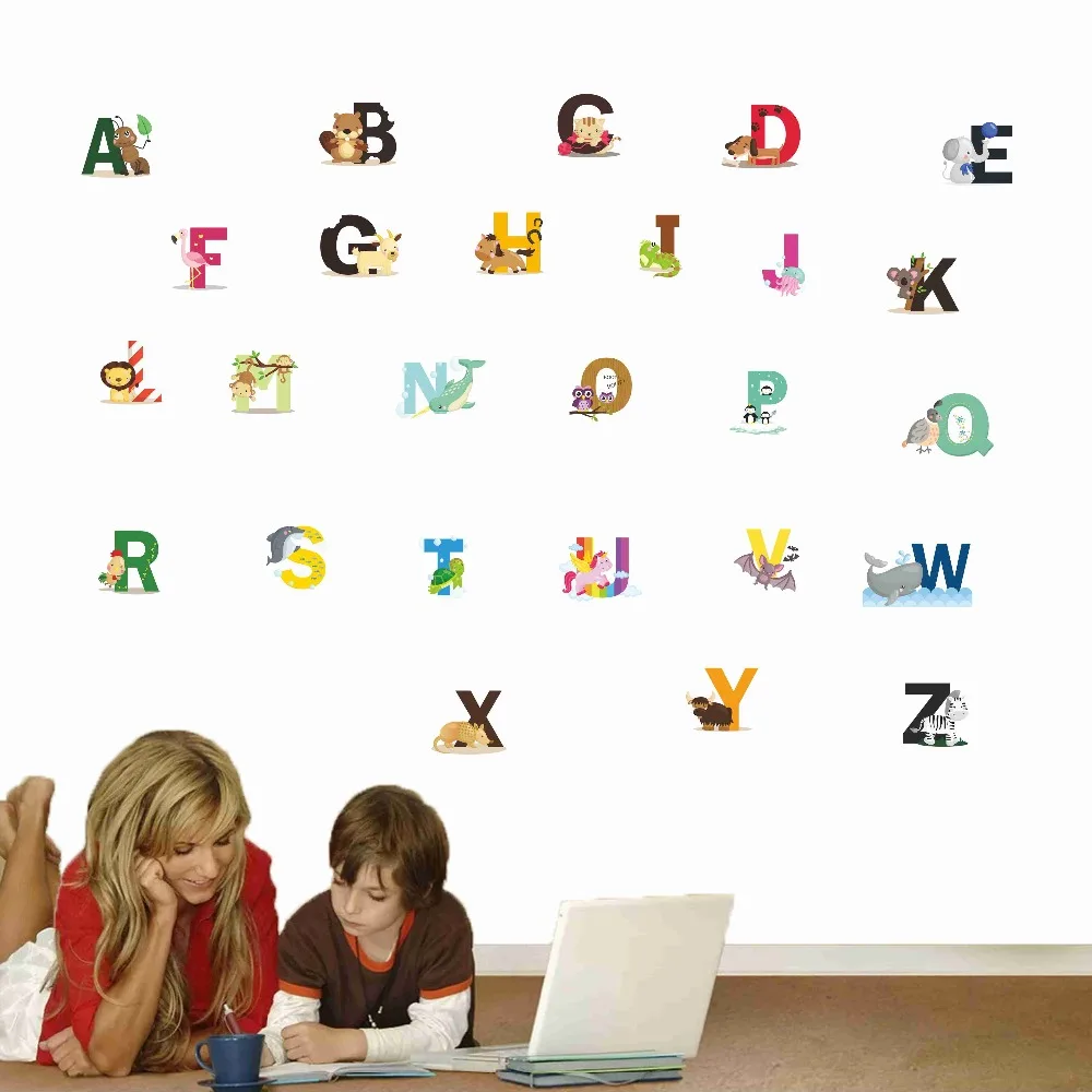 1 مجموعة الكرتون الحيوان 26 رسائل الأبجدية ملصقات على الحائط للأطفال غرف الحضانة غرفة اللون ديكور الأطفال صائق الفن الجداريات