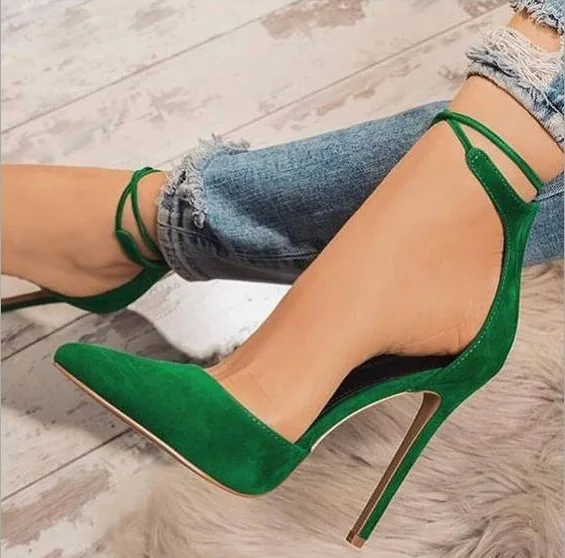 

Fashion High Heels Pumps 12cm Green Flock Autmne Dress Shoes Pointed Toe Ankle Straps Women Shallow Pumps Office Plus Size