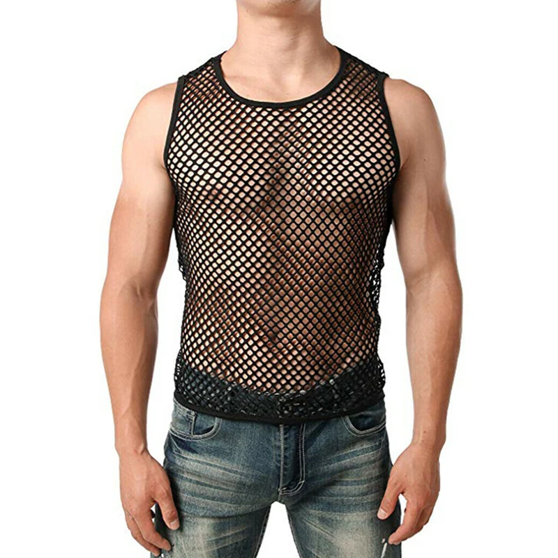 Mejores Ofertas Camiseta sin mangas de malla transparente para hombre, camisetas sin mangas de entrenamiento de gimnasia calada, camiseta sin mangas Sexy de malla para hombre, camiseta ajustada muscular OLEK5EVD