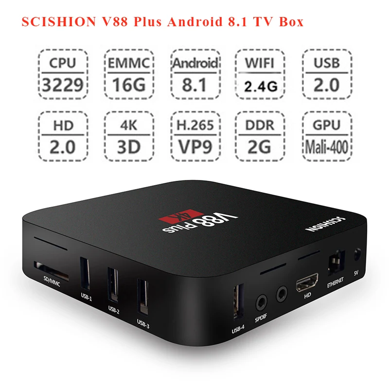 

SCISHION V88 Plus Android 8.1 Smart TV Box RK3229 Quad Core 4K VP9 USB2.0 2GB / 16GB WiFi LAN HD Media Player TV box