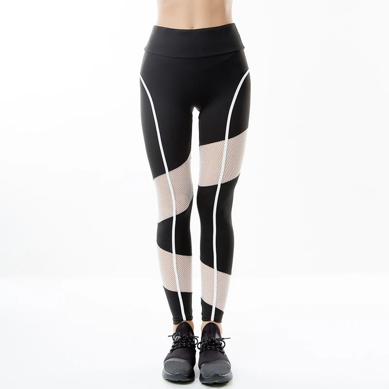 Women Black White Mesh Patchwork Spandex Capris Slim Activewear Pants High Waist Fitness Yogaing Gyms Workout Leggings (6)