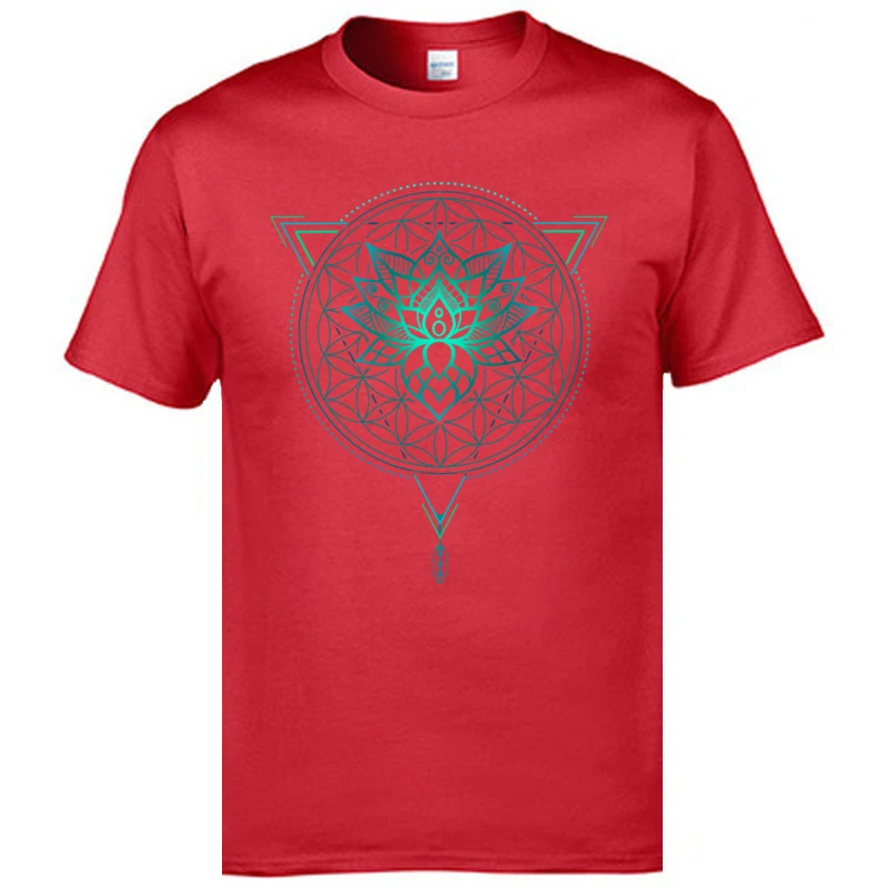 Leisure Slim Fit Tops Tees Short Sleeve for Adult 100% Cotton Summer Fall Round Neck T Shirt Summer Tops Tees 2018 Newest Lotus Flower of Life Mandala in Geometric Triangle red