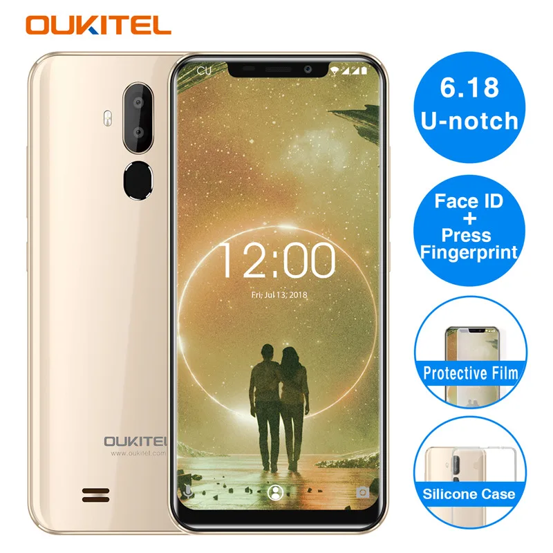 OUKITEL C12 Face ID 6,1" 19:9 смартфон с отпечатком пальца Android 8,1 мобильный телефон MTK6580 четырехъядерный 2 Гб ОЗУ 16 Гб ПЗУ 3300 мАч разблокировка - Цвет: Золотой