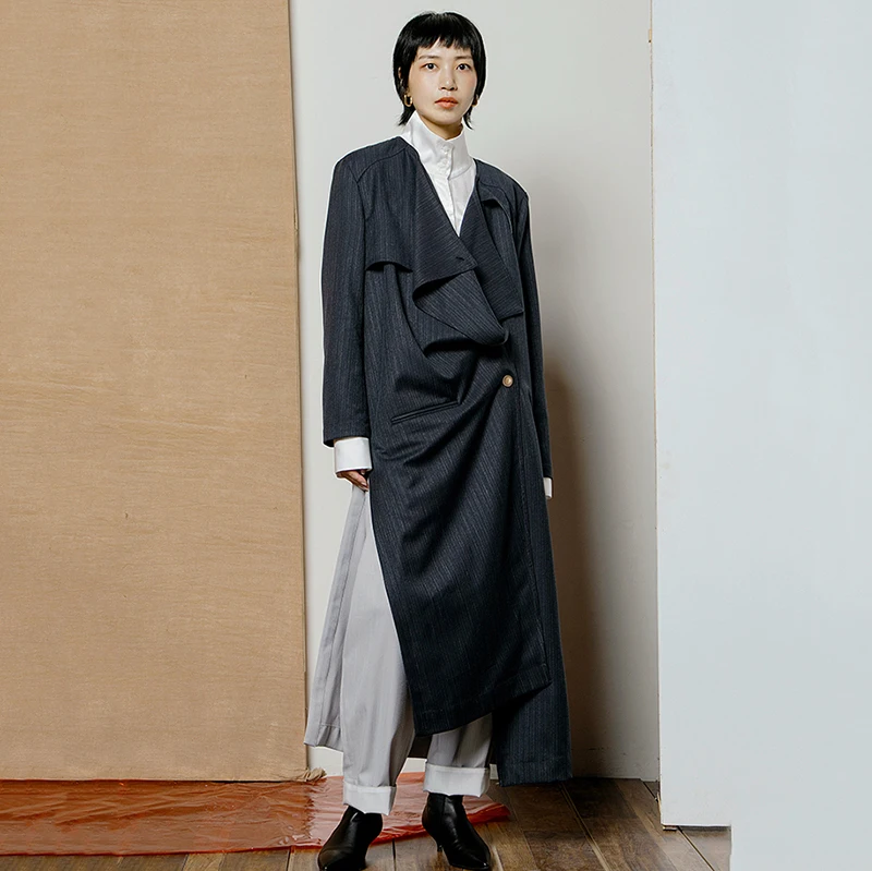 Longue Revers eam Coupe Frappé Nouveau 2019 Manches Veste Rayé Marée Femmes De À Couleur Printemps Longues Dark Blue Mode Foncé vent Bleu Jh925 t4r4q7wO