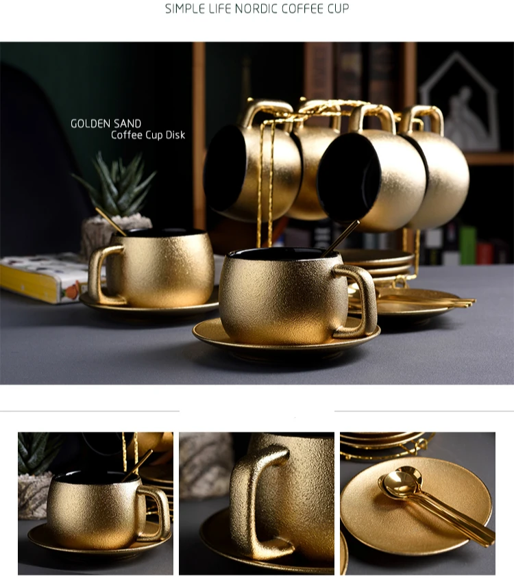 Дубай роскошные золотистые Кофе чашки наборы блюдец Благородные Золотые керамика матовый днем чайная кружка, кружка для эспрессо Tazas с кисточками чайная ложка