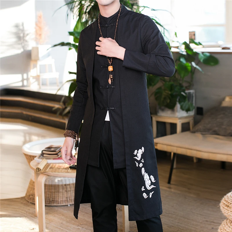  5XL Black Long Jacket Men Chinese Style Coat Mens Fashion Casual Jaqueta Autumn New Style Trench Co
