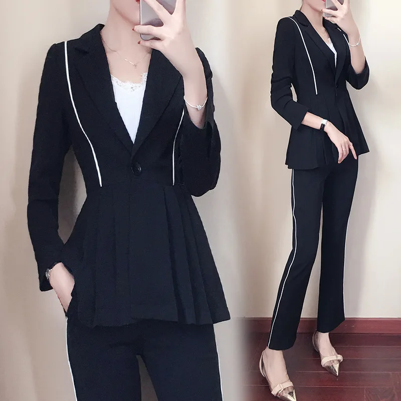 Women's suit pantsuit Casual long sleeve long solid color blazer Temperament Slim Pants Set Women 2019 new ladies two-piece