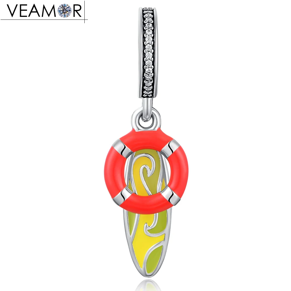 

VEAMOR Summer 925 Sterling Silver Colorful Enamel Surfboard & Lifebuoy Pendant Charms Beads fit Pandora Bracelets Jewelry Making