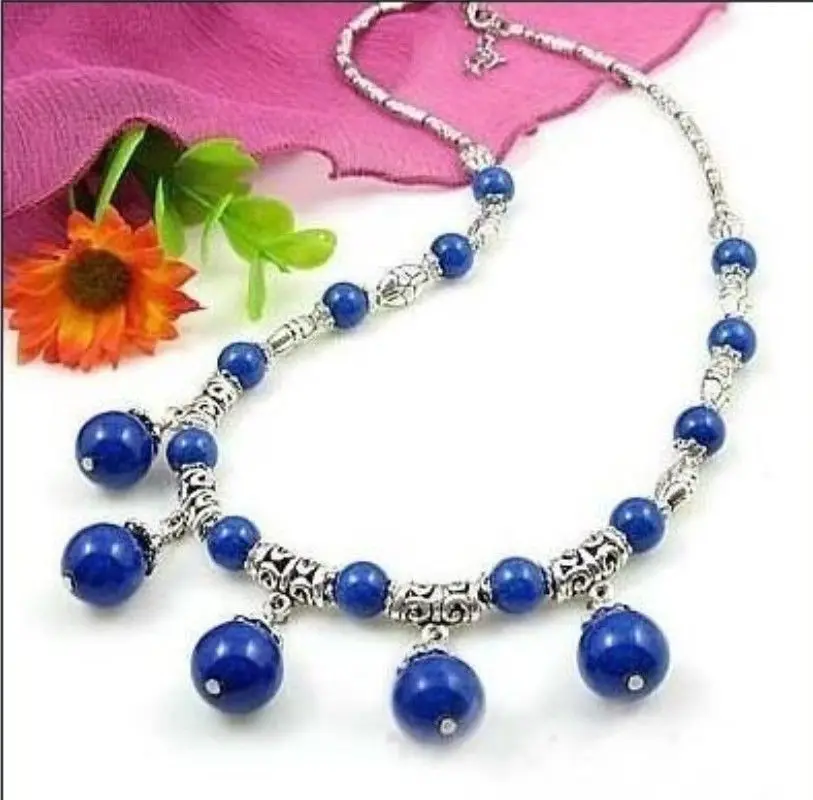 

ddh003808 LOVELY LAPIS LAZULI ROUND BEADS PENDANTS & TIBET SILVER NECKLACE 18