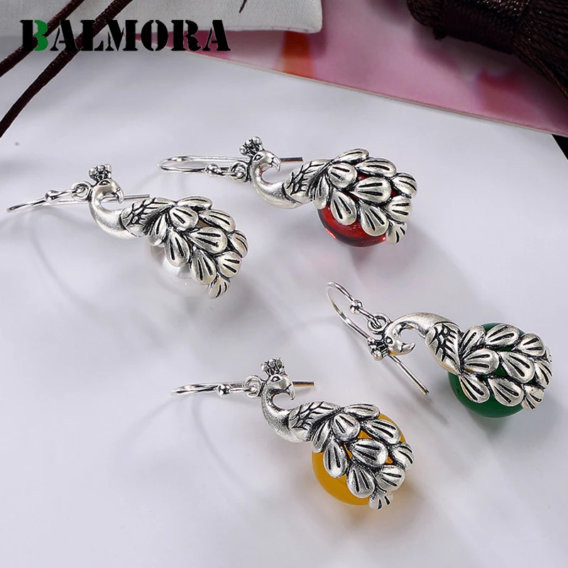 

BALMORA 1 Pair 990 Pure Silver Chalcedony & Simulated-pearl Peacock Earrings for Women Lady Fashion Jewelry Brincos JWE1052
