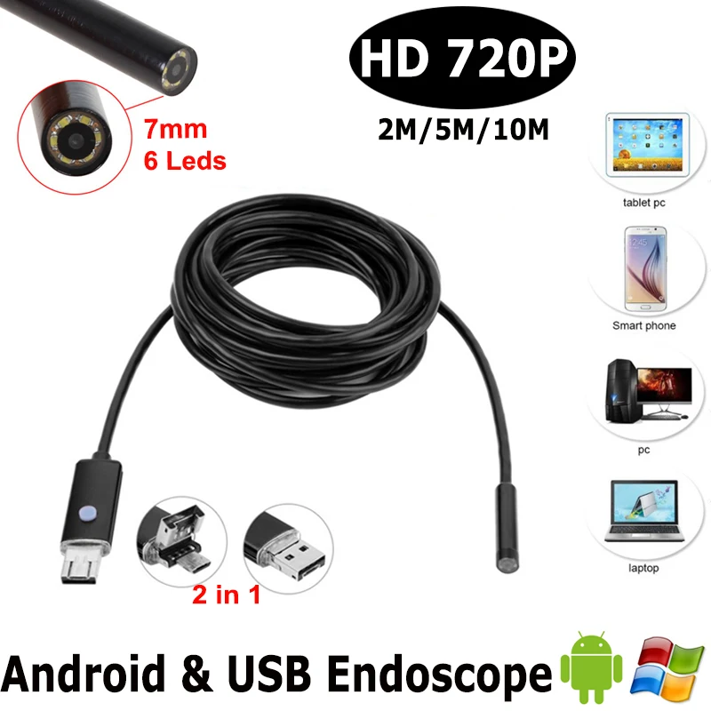 2in1 эндоскопа Micro USB для Andriod телефон и PC 7 мм Диаметр 6LED 60 градусов ангел IP67 Inspecition