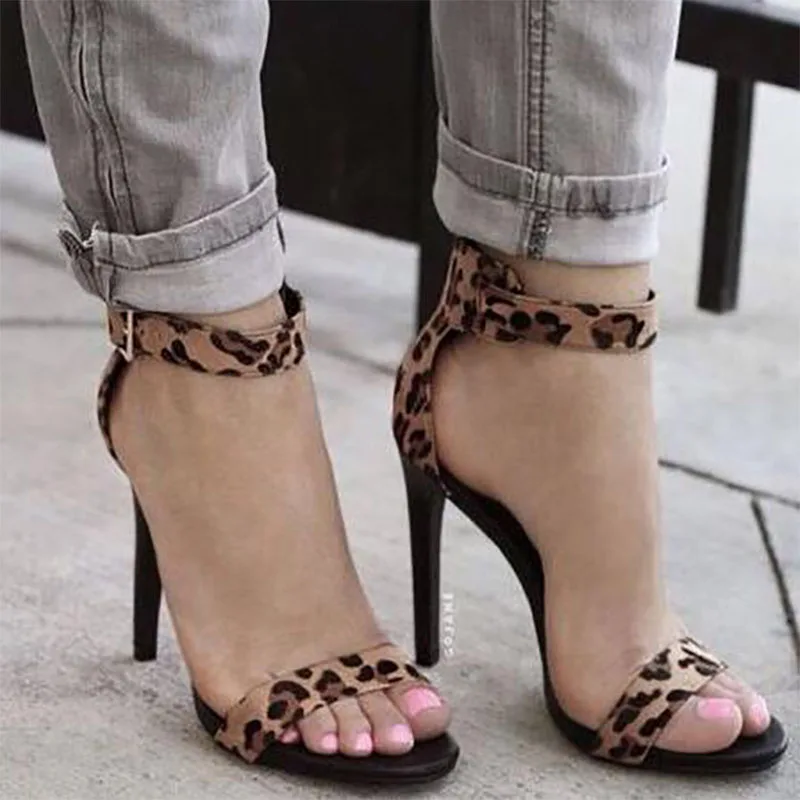 

TINGHON 2019 Ladies Gladiator Sandals Leopard Thin Heels Buckle Strap Sexy Women's Shoes With Heel Party