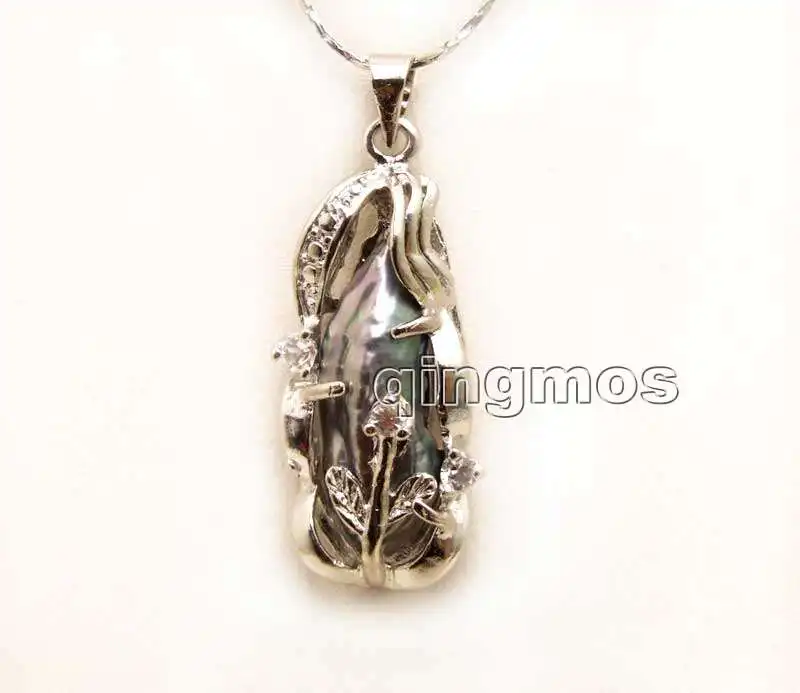 

Big 8*22mm Black Baroque Natural freshwater pearl & 10*30mm Pendant free 17" Silver plated Chain Necklace-nec6259