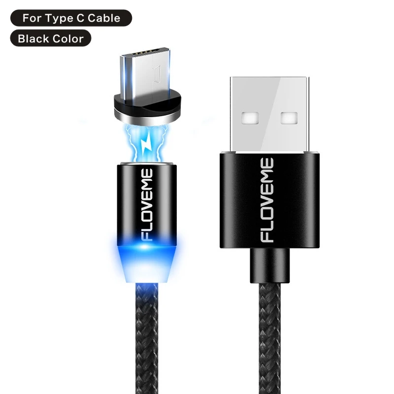 FLOVEME 2A Магнитный зарядный кабель для быстрой зарядки Micro usb type C кабель для освещения USBC/type-C кабель для iPhone samsung - Цвет: For Type C Black