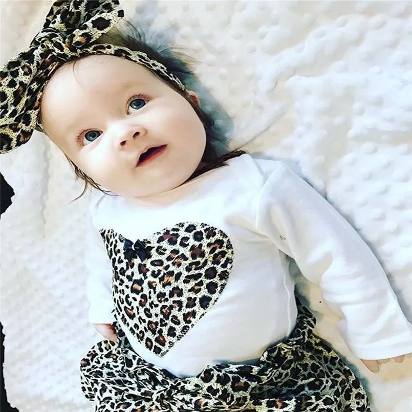 

Baby Clothing 3PCS Infant Baby Girl Heart Romper Tops+Leopard Skirt Headband Outfits Set Suit romper do beb menina #15O17