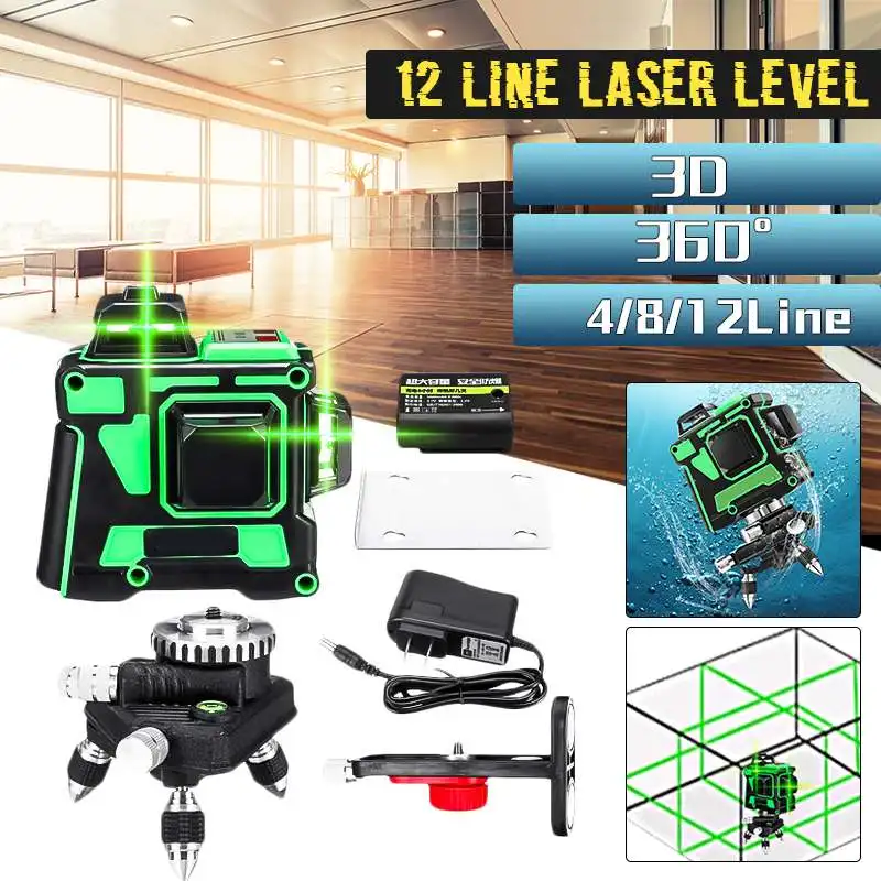 

12 Lines 3D Green Laser Level Self-Leveling 360 Degre Horizontal And Vertical Cross Lines Green Laser Line With Tripod Battery