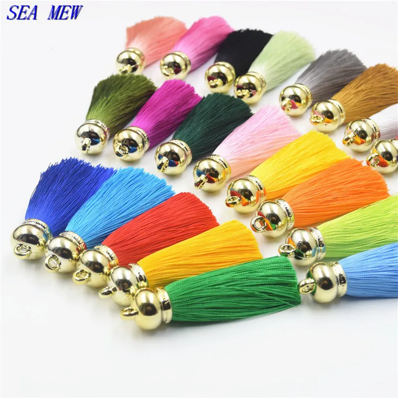 

SEA MEW 16*65mm Korea Cool Ice silk Tassel Gold Alloy Bead Cap Tassel Fringe Purl Macrame Pendant DIY Jewelry Accessories Making
