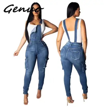 

Genuo New Denim elegant bodycon long jumpsuit Women blue jeans jumpsuits romper Female summer vintage party playsuit overalls