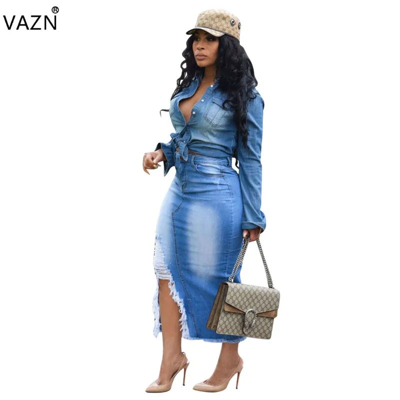 

VAZN Autumn 2019 High Quality Slim Temperate Sexy Fashion Women Skirts Solid Hollow Out Pencil Bodycon Denim Midi Skirts LSD8198