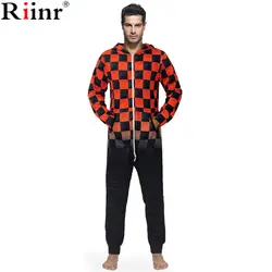 Riinr 2018 для мужчин Творческий пижама с принтом наборы для ухода за кожей черный, красный плед печатных ночное белье домашняя одежда пижамы с ш