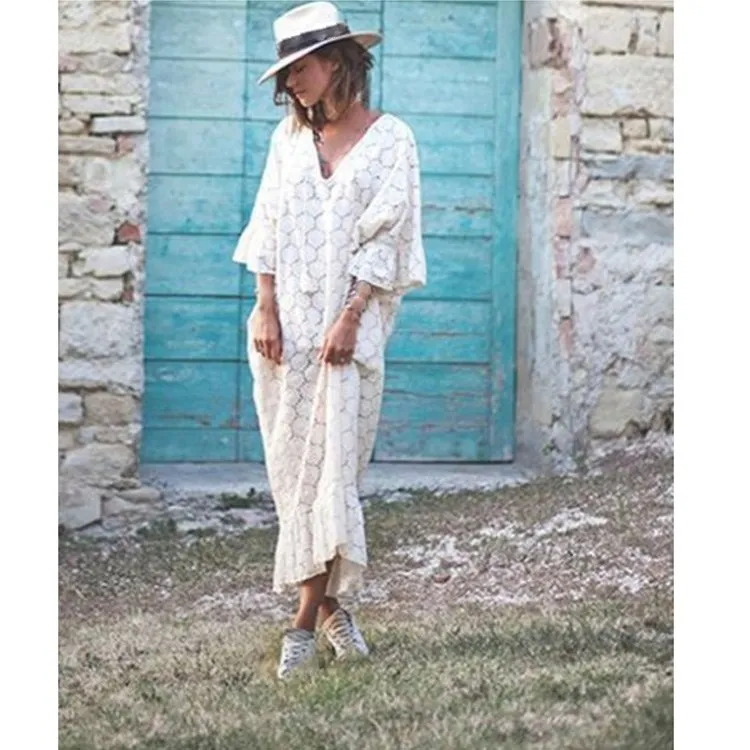 2019 Women Summer Casual Plus Size Lace Dress Ladies V Neck Ruffles Dress Loose Long Maxi Dresses