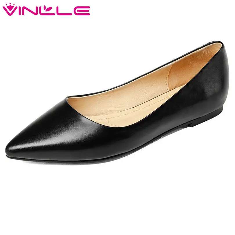 

VINLLE 2018 Shoes Women Genuine Leather Square Low Heel Pointed Toe Solid Platform Slip On Ladies Wedding Pumps Size 34-42