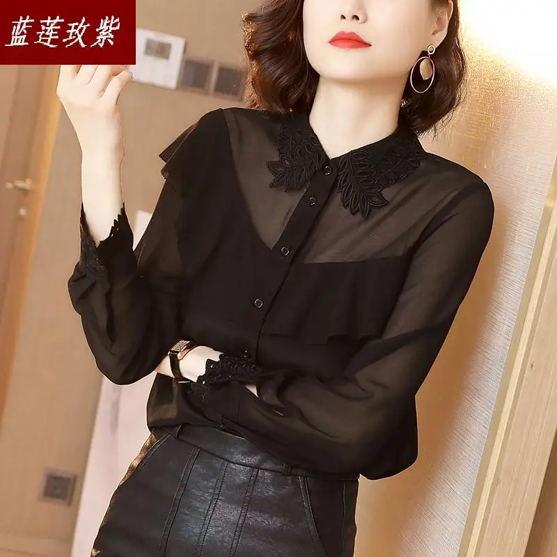 

Silk Shirts blouses Women's Long Sleeve Spring and autumn 2019 New slim Lotus Leaf Edge Silk Embroidered blouse Shirt female