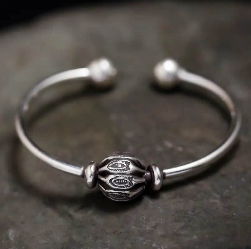 

925 Sterling Silver Lucky Beads Simple Opening Female Ethnic Bangle (SYF)