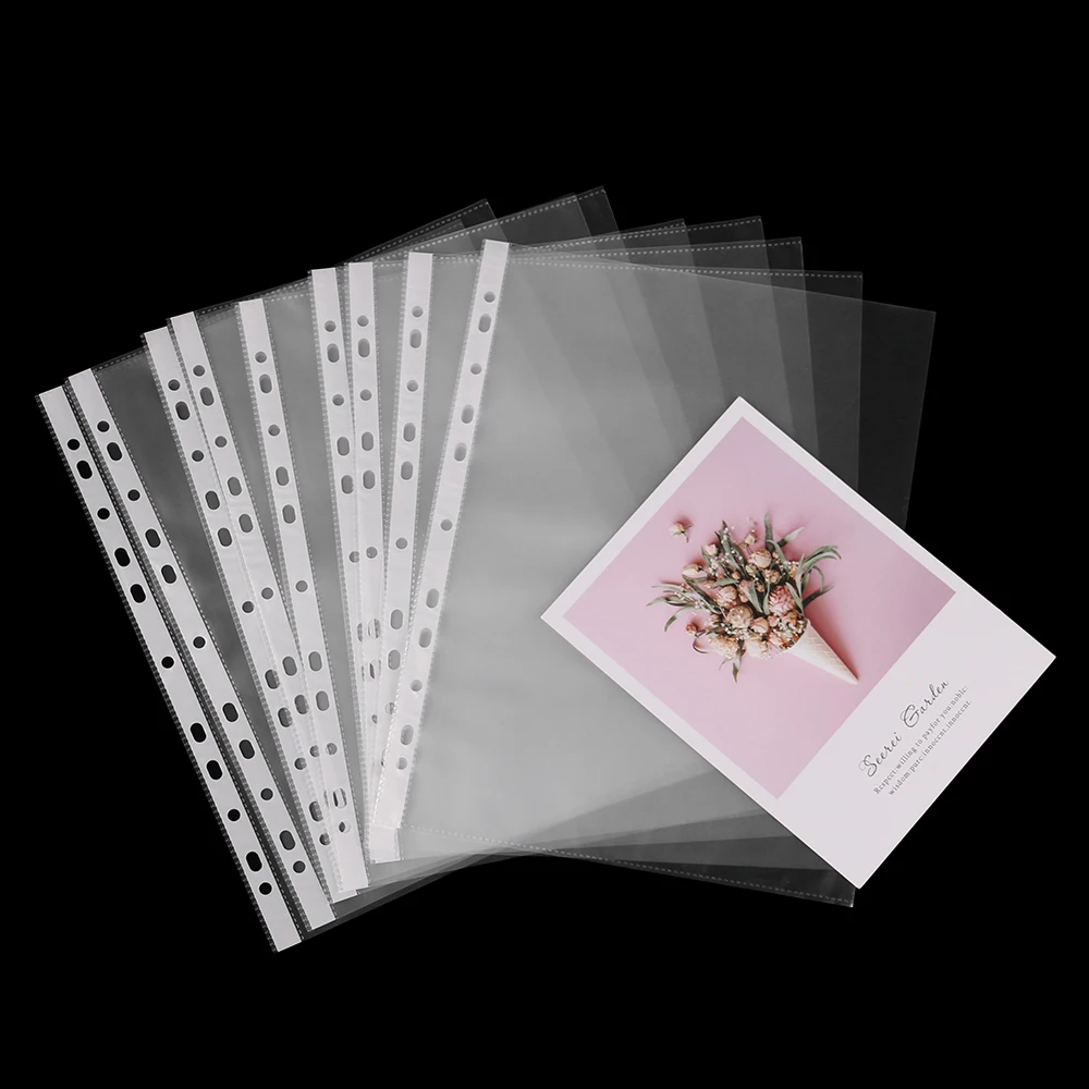 

50pcs/lot A4 Clear Plastic Punched Pockets 11 Holes Loose Leaf Transparent Paper Storage Bag Documents Sheet Protector Organizer