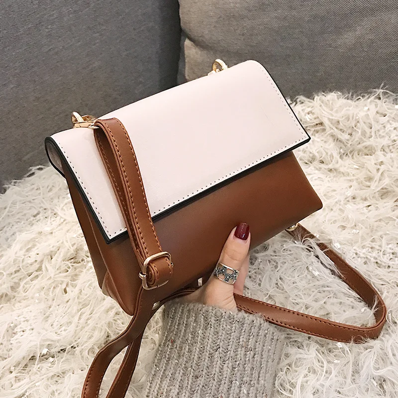 

Women's Simple Contrast Color Small Square Bag 2018 Autumn New Fashion High Quality Pu Leather Shoulder Messenger Bag