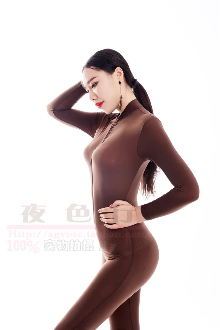  New Sexy Brown Two Way Zipper Open Crotch Bust Transparent Bodysuit Turtleneck Body Stockings Club 