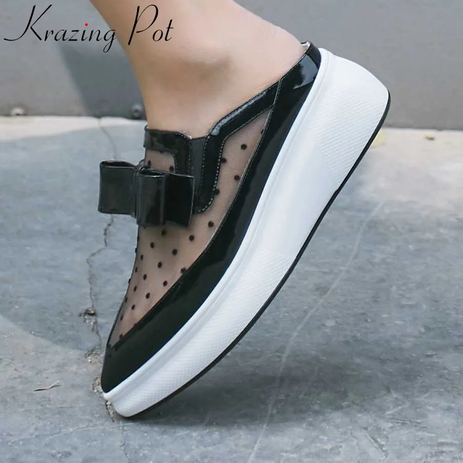 

krazing pot chic dstyle breathable mesh pointed toe slip on loafers modern butterfly-knot decoration female vulcanized shoes L33