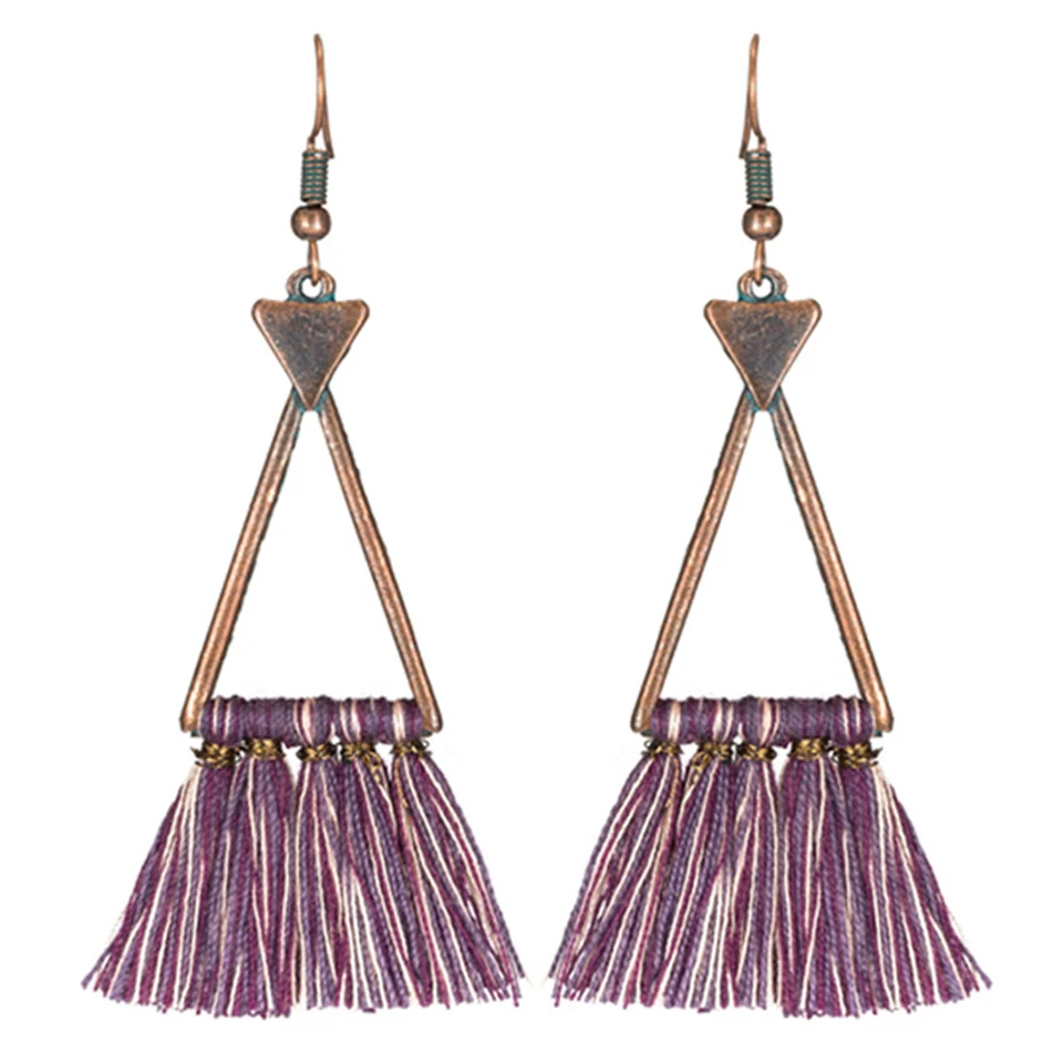 Triangle earrings women Bohemia long tassels dangle earring Ethnic handmade cotton fringed