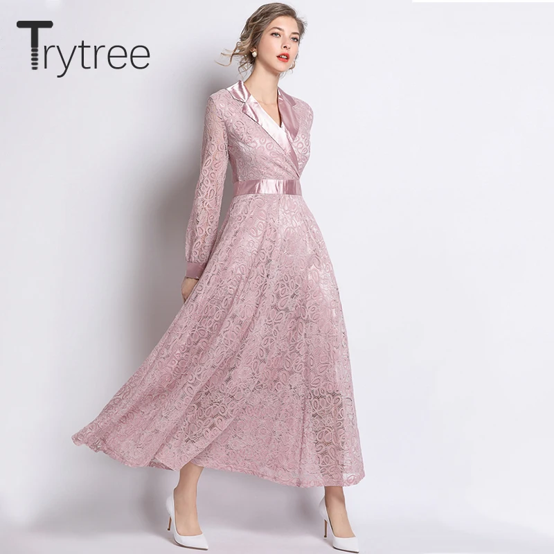 Осеннее Элегантное повседневное розовое платье Trytree женские платья из