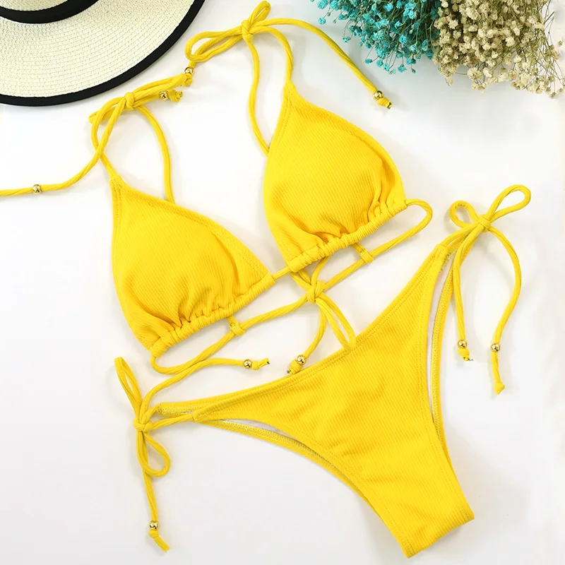 Online Sexy Rippen Dreieck Micro Brazilian Bikini Set String 2020 Badeanzug Frauen Solide Bademode Strand Tragen Schwimmen Badeanzug Für Frau