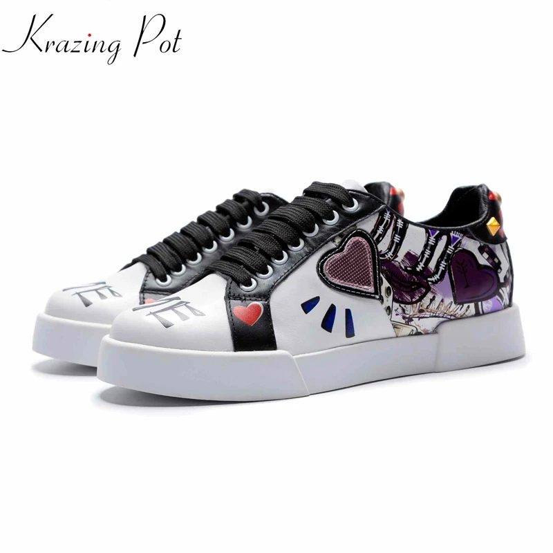 

Krazing Pot cow leather lace up superstar round toe platform graffiti luxury decoration gladiator Female vulcanized shoes L18