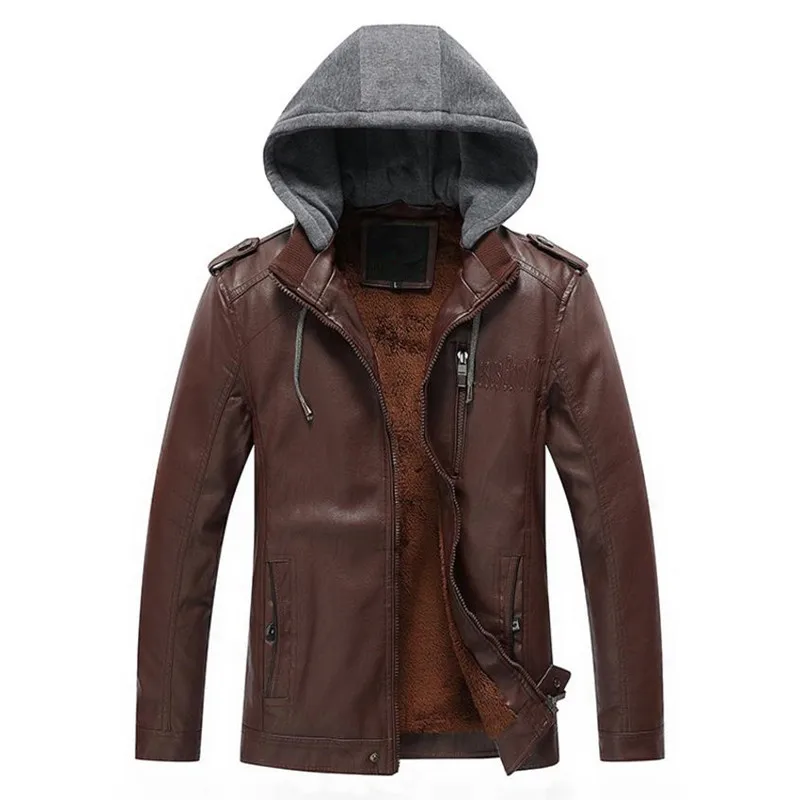 Осенне-зимняя мужская кожаная куртка, куртка для отдыха с капюшоном, мотоциклетная теплая кожаная куртка - Цвет: Red brown
