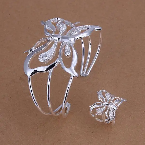 

Crystal Butterfly charms women bangles Ring set for girls High quality 925 stamped silver plated 2017 New jewelry Bijoux