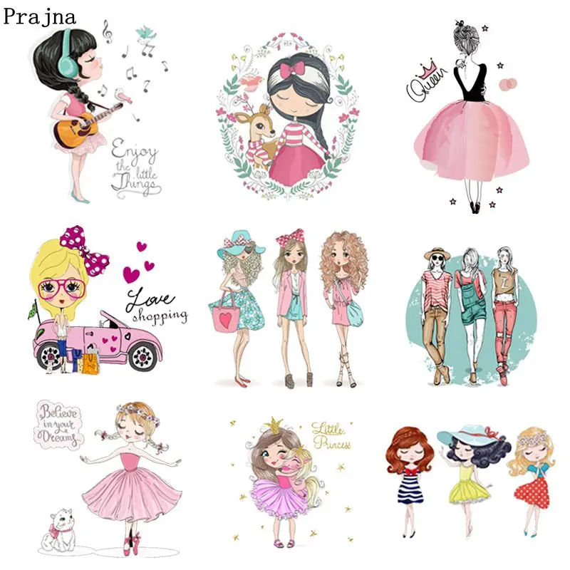 

Prajna Girls Iron On Heat Transfers Cute Little Girl Listening to Music Thermal Stickers On Clothing DIY For T-shirts Applique