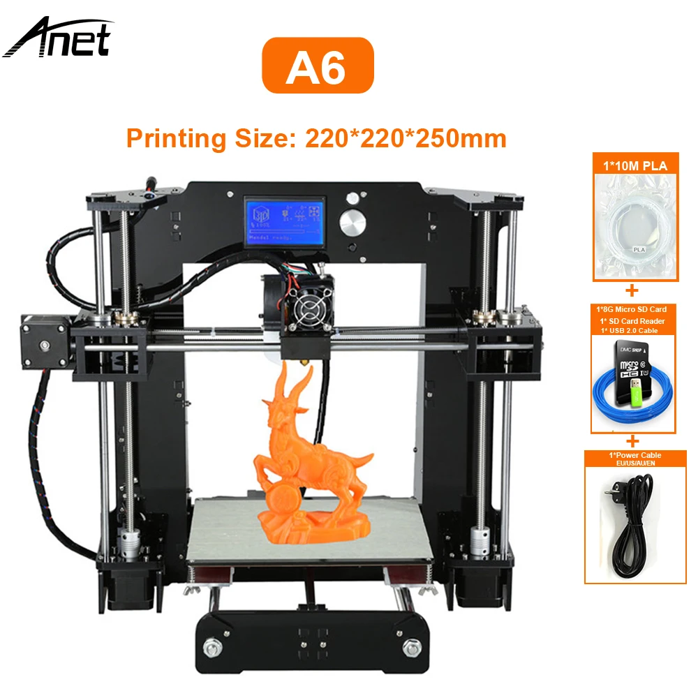 Anet A6 3d принтер 12864 lcd Высокая точность офлайн печать стол 3D DIY Набор принтер 200*200*240 мм