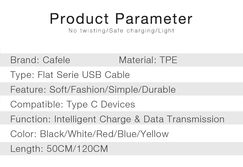 Cafele плоский usb type-C кабель для быстрой зарядки usb type-C кабель для Xiaomi huawei samsung usb type-C кабель DC 5 В 2A