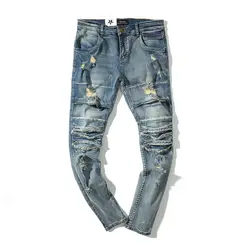 2018 летние сапоги до колена отверстие джинсы Омывается Для мужчин джинсы Повседневное прямые Slim Fit синие джинсы Эластичные штаны брюки