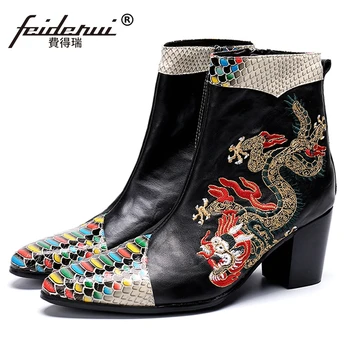 

Dragon Embroidery Man Pointed Toe High-Top Outdoor Shoes Genuine Leather High Heels Men's Handmade Ankle Boots SL453