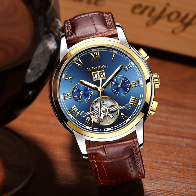 WISHDOIT الرجال الساعات التلقائي الميكانيكية ووتش توربيون الرياضة ساعة الجلود عارضة الأعمال الرجعية ساعة اليد Relojes هومبر